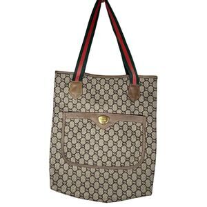 GUCCI GG Plus Sherry Line Tote Bag Vintage Canvas Leather Classic Tote Authentic